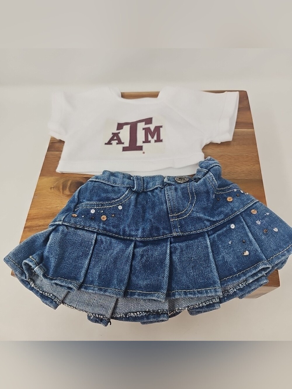Build A Bear Outfit Texas A&M White Crop Tee with Denim Pleated Skirt